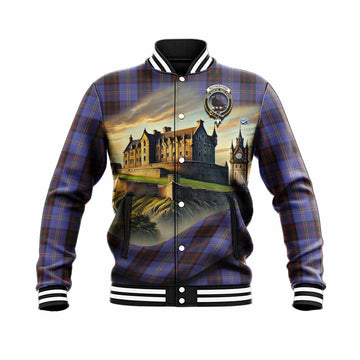 Tartan Vibes Clothing Rutherford Tartan Family Crest Baseball Jacket with Scottish Ancient Castle Style