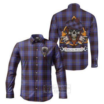 Rutherford Tartan Long Sleeve Button Shirt with Family Crest and Bearded Skull Holding Bottles of Whiskey