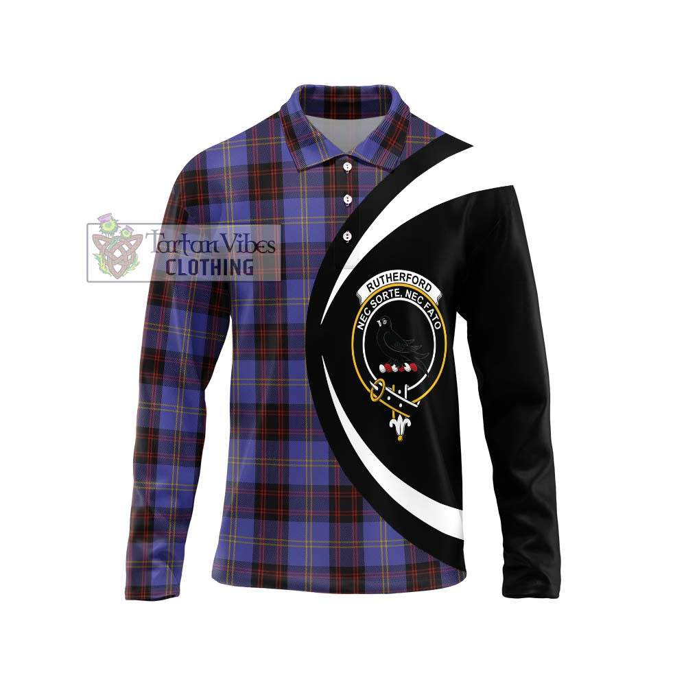 Rutherford Tartan Long Sleeve Polo Shirt with Family Crest Circle Style Unisex - Tartan Vibes Clothing