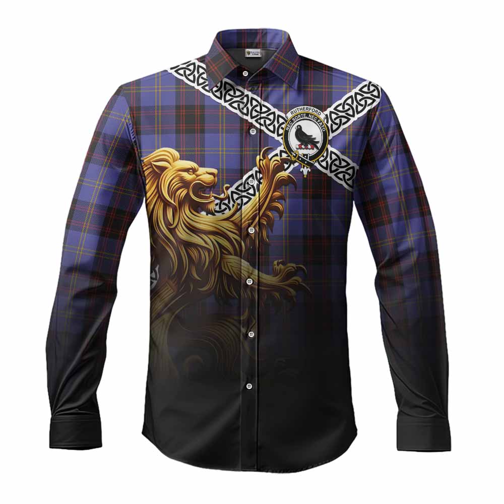 Tartan Vibes Clothing Rutherford Crest Tartan Long Sleeve Button Shirt with Golden Lion Emblem Celtic Style
