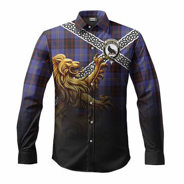 Rutherford Crest Tartan Long Sleeve Button Shirt with Golden Lion Emblem Celtic Style