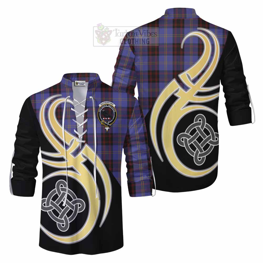 Tartan Vibes Clothing Rutherford Tartan Ghillie Kilt Shirt with Family Crest and Celtic Symbol Style