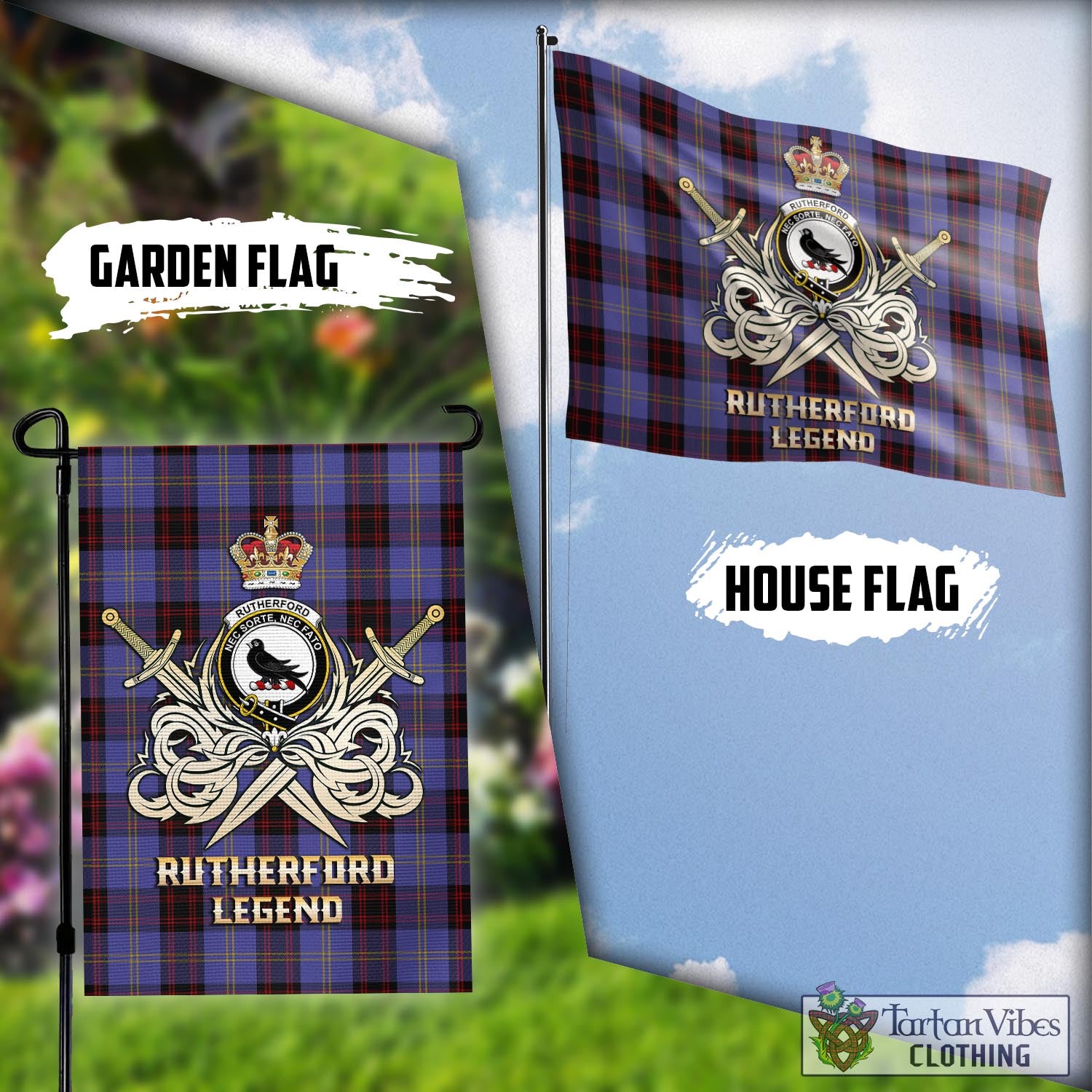 Tartan Vibes Clothing Rutherford Tartan Flag with Clan Crest and the Golden Sword of Courageous Legacy