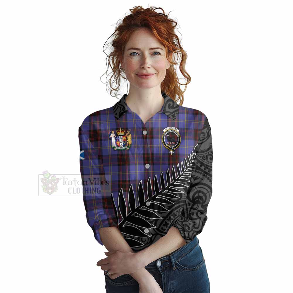 Tartan Vibes Clothing Rutherford Crest Tartan Women's Casual Shirt with New Zealand Silver Fern Half Style