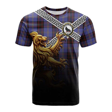 Rutherford Crest Tartan Cotton T-shirt with Golden Lion Emblem Celtic Style