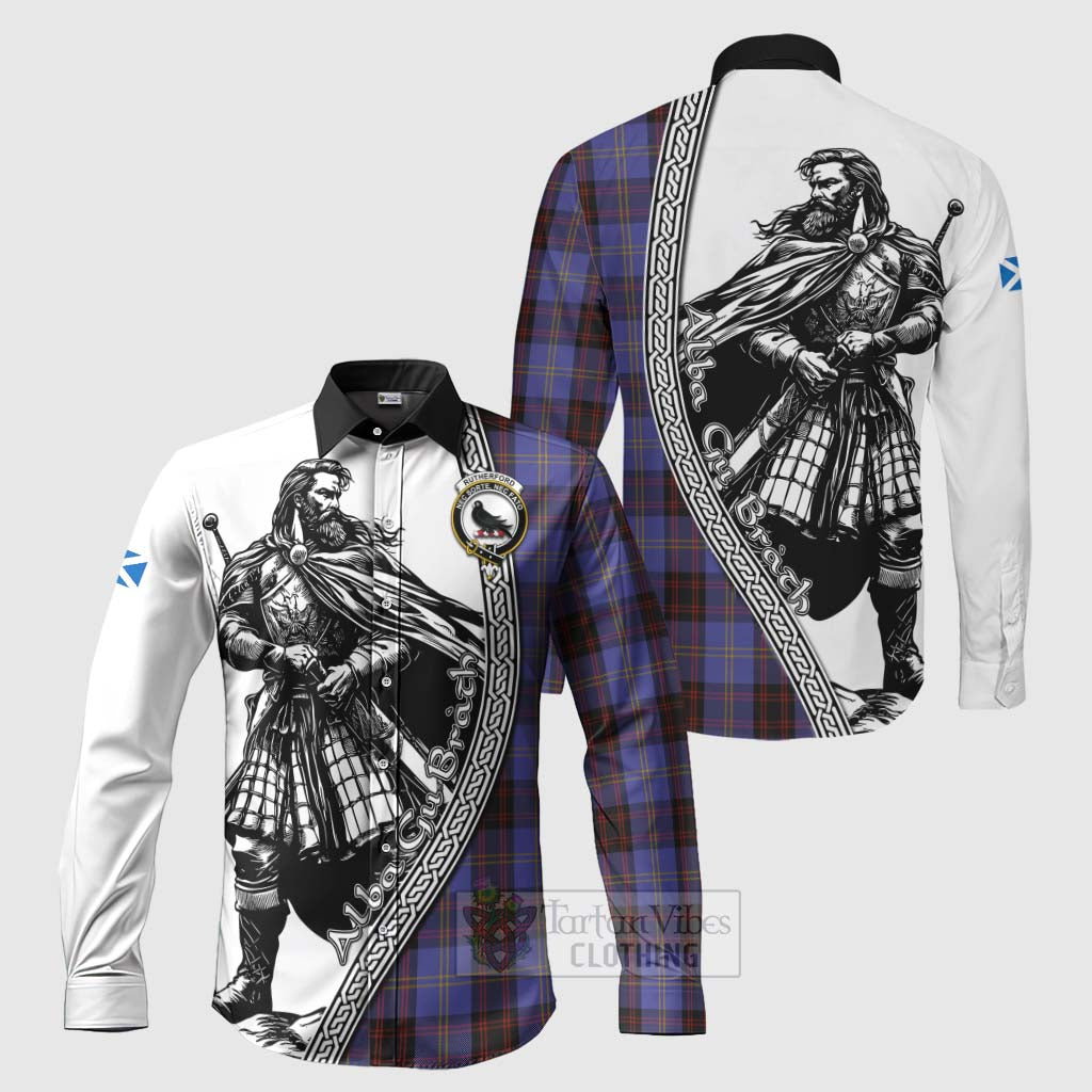 Tartan Vibes Clothing Rutherford Tartan Clan Crest Long Sleeve Button Shirt with Highlander Warrior Celtic Style