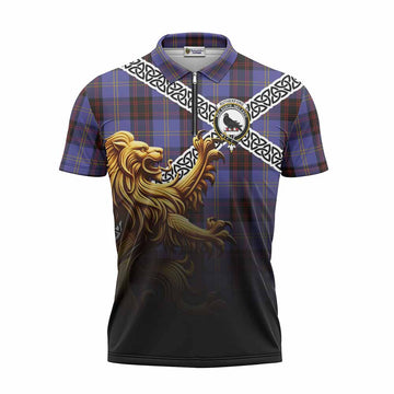 Rutherford Crest Tartan Zipper Polo Shirt with Golden Lion Emblem Celtic Style