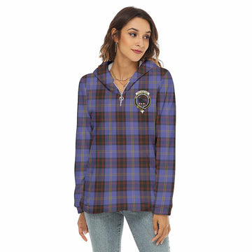 Rutherford Tartan Women's Borg Fleece Hoodie with Half Zip with Family Crest