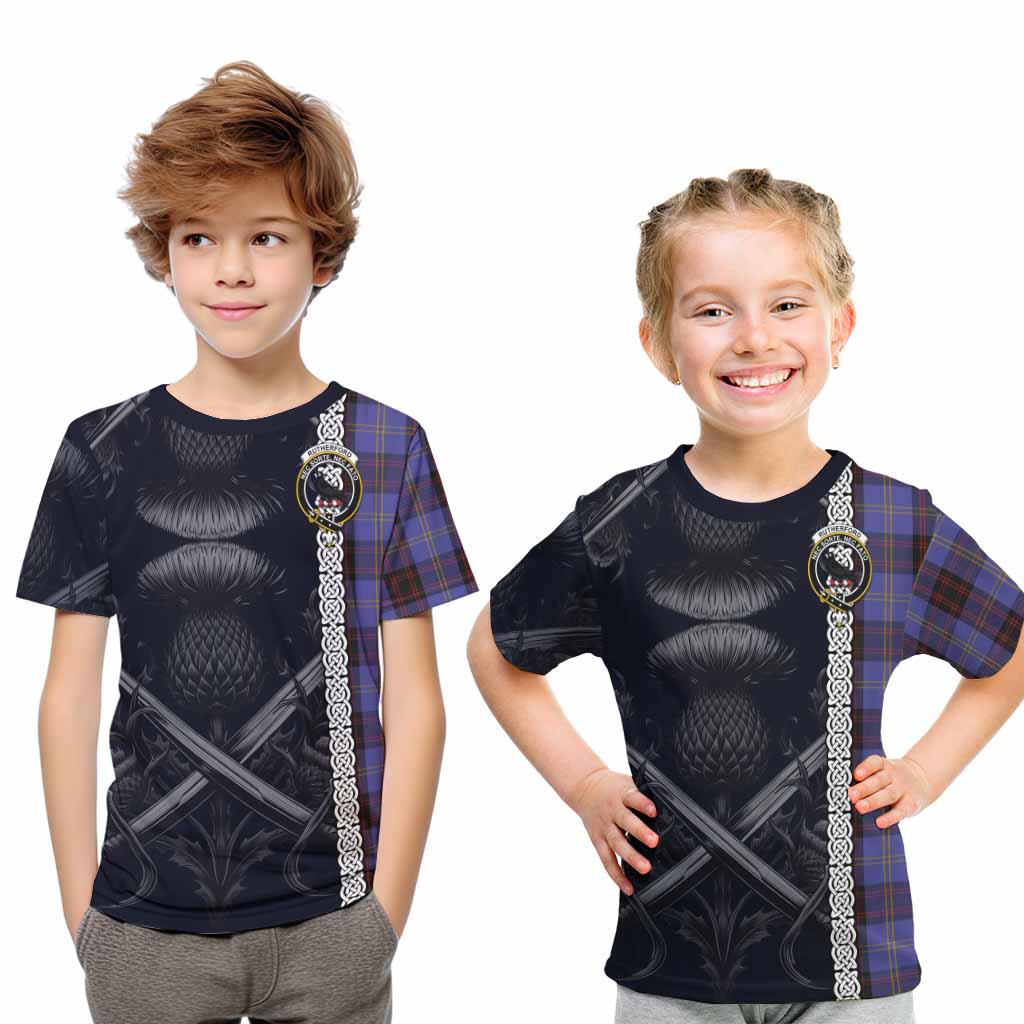 Tartan Vibes Clothing Rutherford Tartan Kid T-Shirt with Family Crest Cross Sword Thistle Celtic Vibes