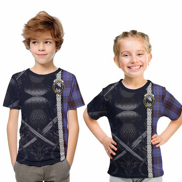 Tartan Vibes Clothing Rutherford Tartan Kid T-Shirt with Family Crest Cross Sword Thistle Celtic Vibes