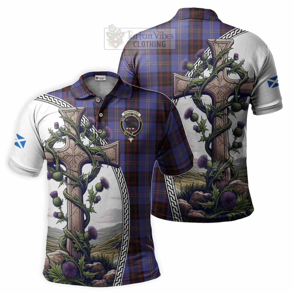 Tartan Vibes Clothing Rutherford Tartan Polo Shirt with Family Crest and St. Andrew's Cross Accented by Thistle Vines