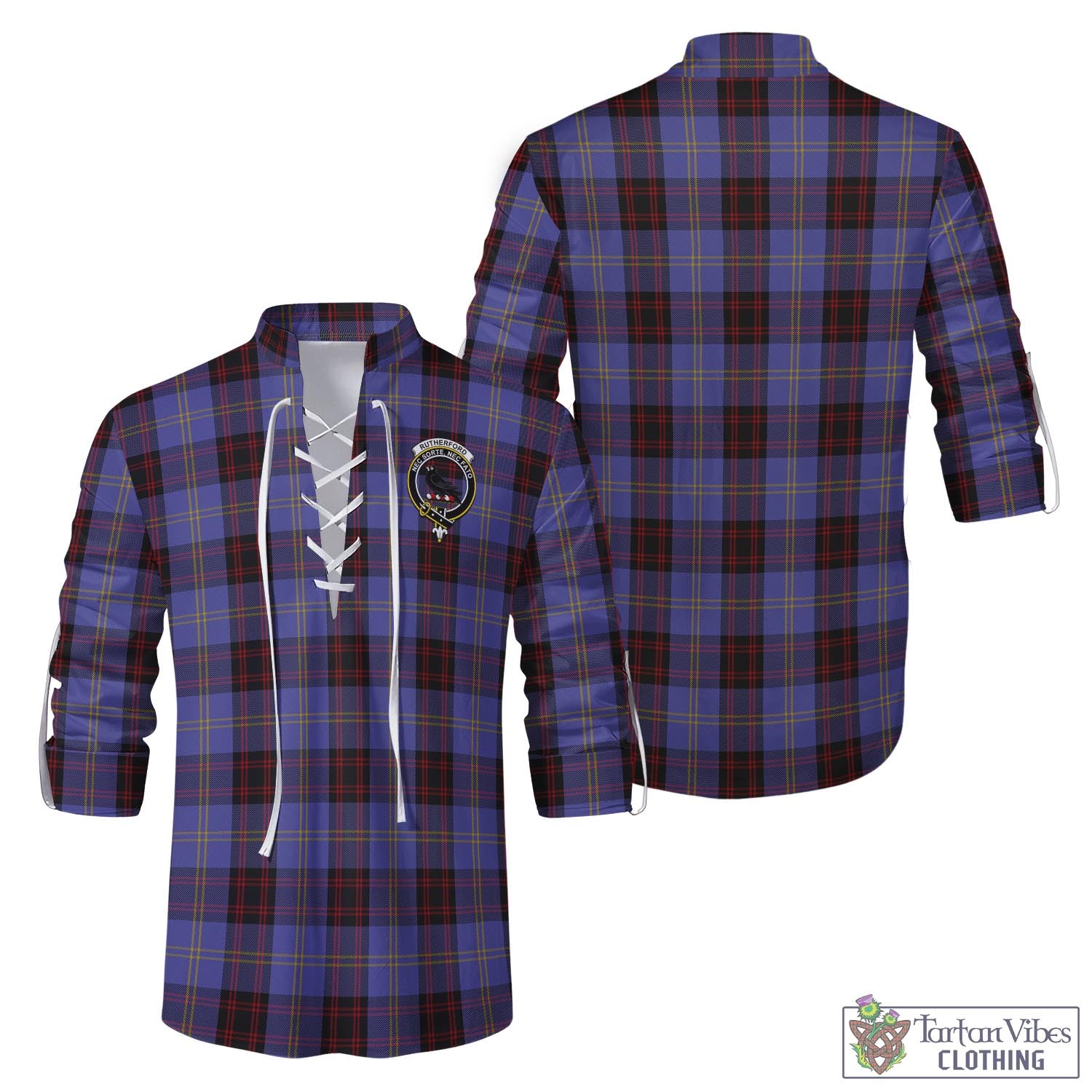 Tartan Vibes Clothing Rutherford Tartan Men's Scottish Traditional Jacobite Ghillie Kilt Shirt with Family Crest