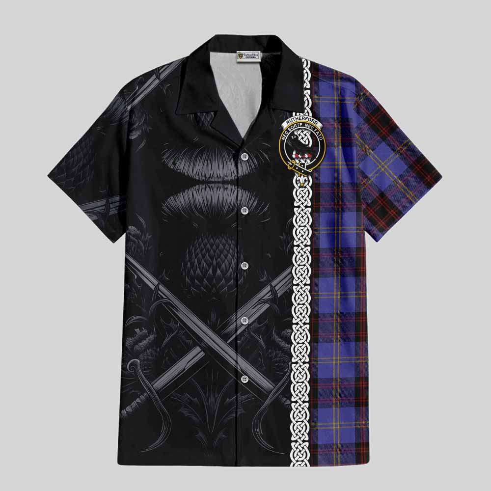 Tartan Vibes Clothing Rutherford Tartan Short Sleeve Button Shirt with Family Crest Cross Sword Thistle Celtic Vibes