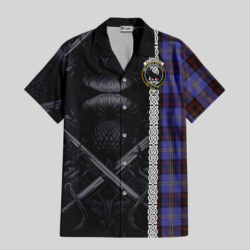Tartan Vibes Clothing Rutherford Tartan Short Sleeve Button Shirt with Family Crest Cross Sword Thistle Celtic Vibes