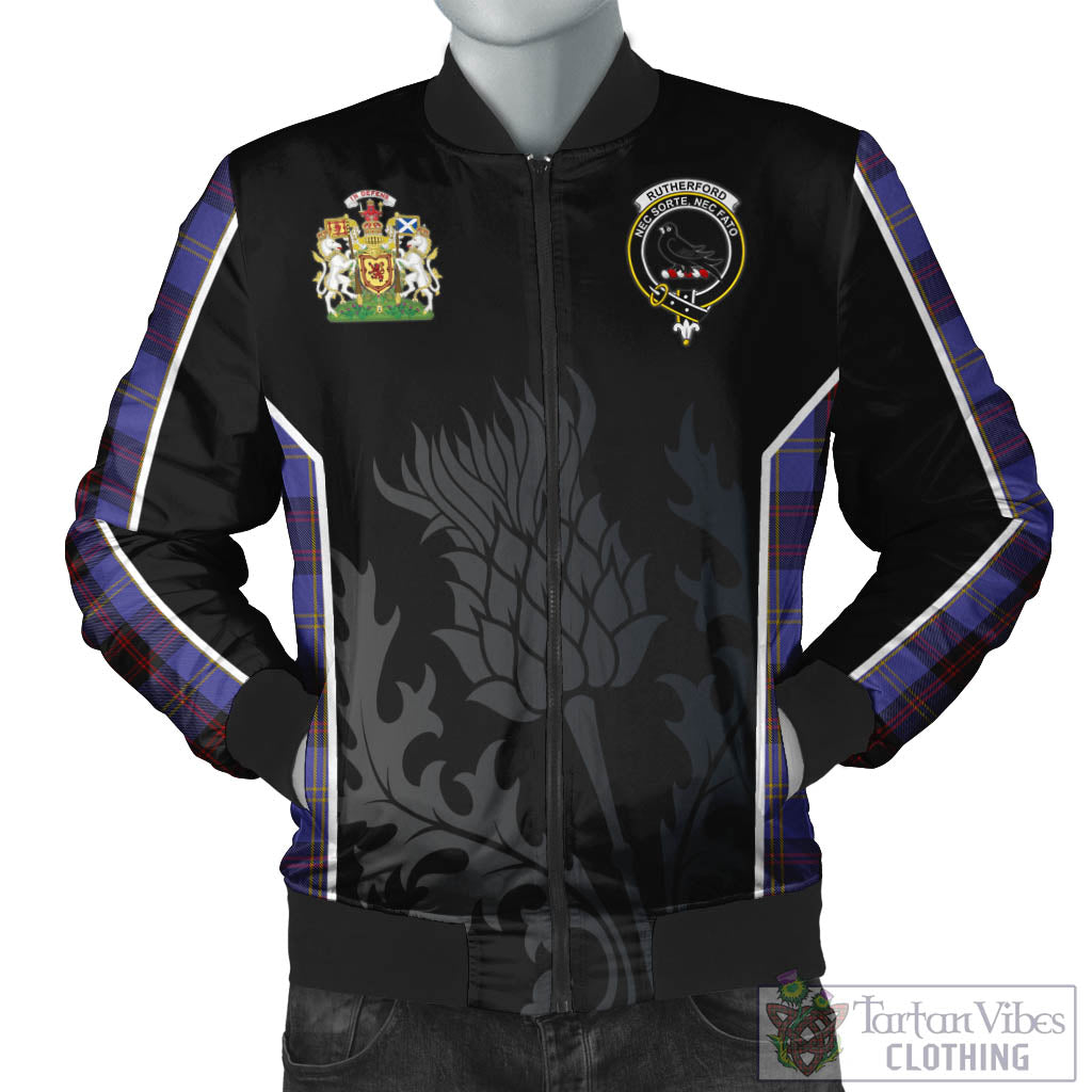 Tartan Vibes Clothing Rutherford Tartan Bomber Jacket with Family Crest and Scottish Thistle Vibes Sport Style