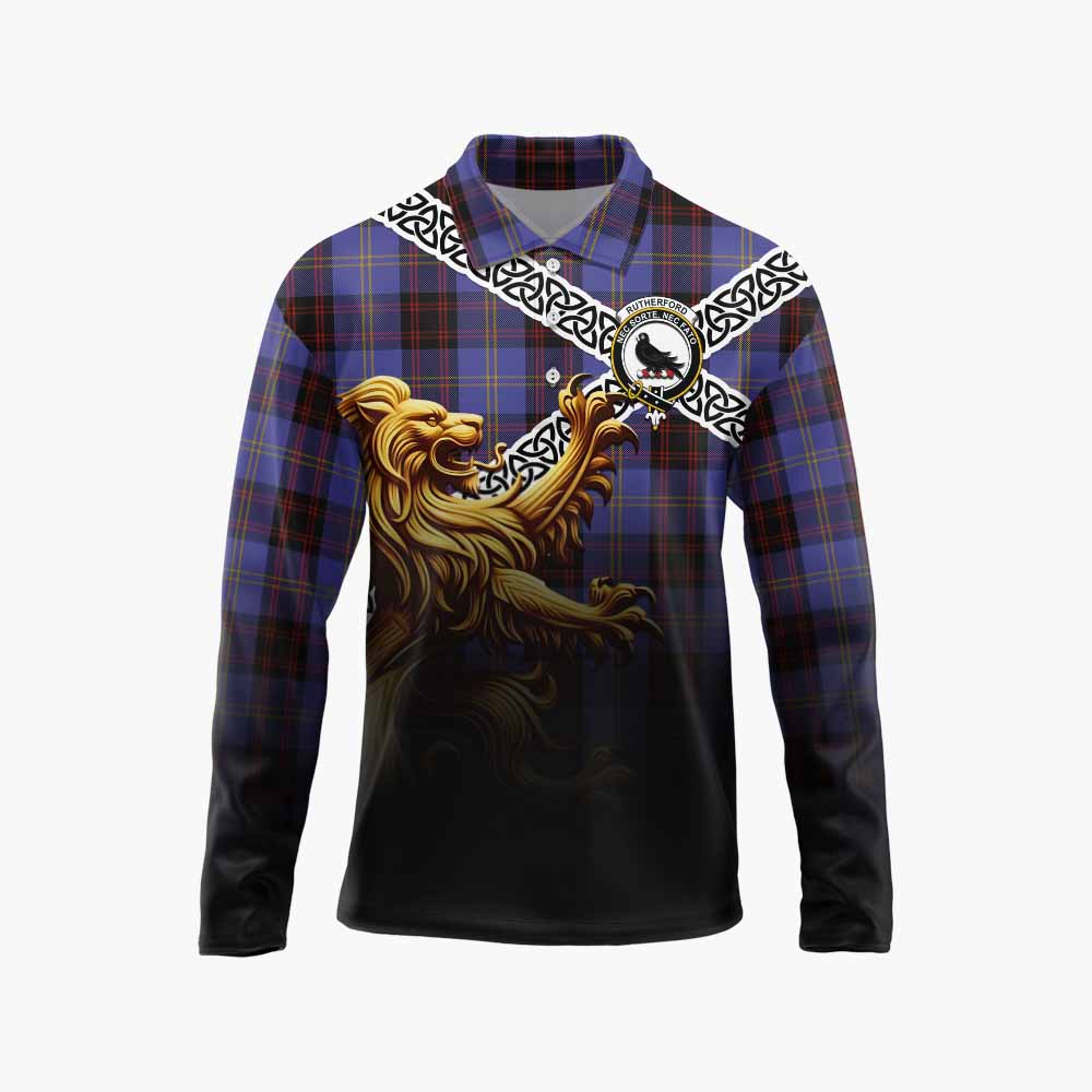 Rutherford Crest Tartan Long Sleeve Polo Shirt with Golden Lion Emblem Celtic Style Unisex - Tartan Vibes Clothing