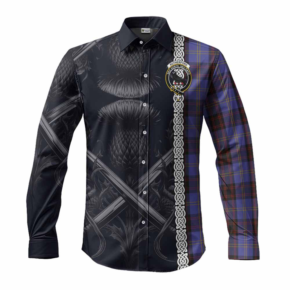 Tartan Vibes Clothing Rutherford Tartan Long Sleeve Button Shirt with Family Crest Cross Sword Thistle Celtic Vibes
