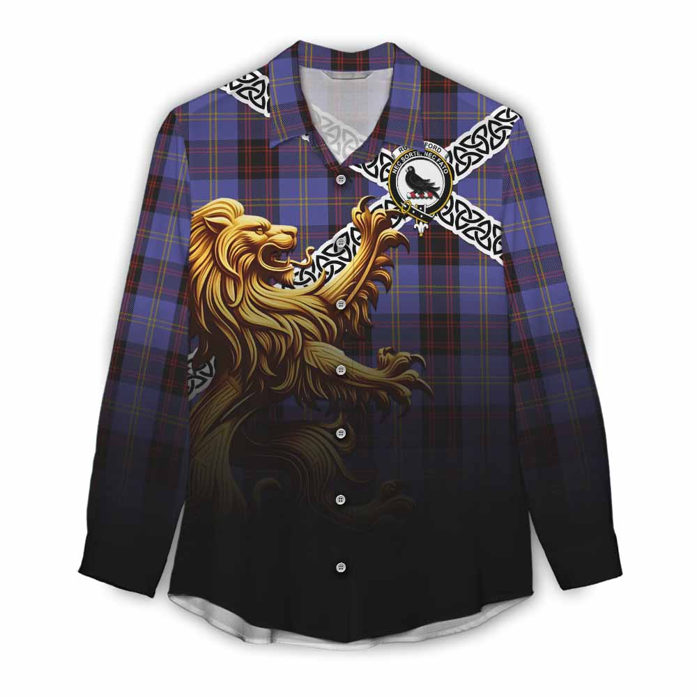 Tartan Vibes Clothing Rutherford Crest Tartan Women's Casual Shirt with Golden Lion Emblem Celtic Style