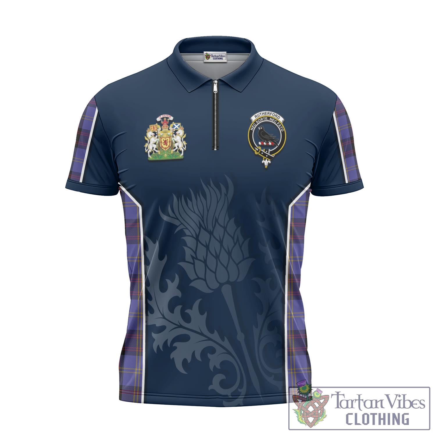 Tartan Vibes Clothing Rutherford Tartan Zipper Polo Shirt with Family Crest and Scottish Thistle Vibes Sport Style