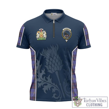 Rutherford Tartan Zipper Polo Shirt with Family Crest and Scottish Thistle Vibes Sport Style