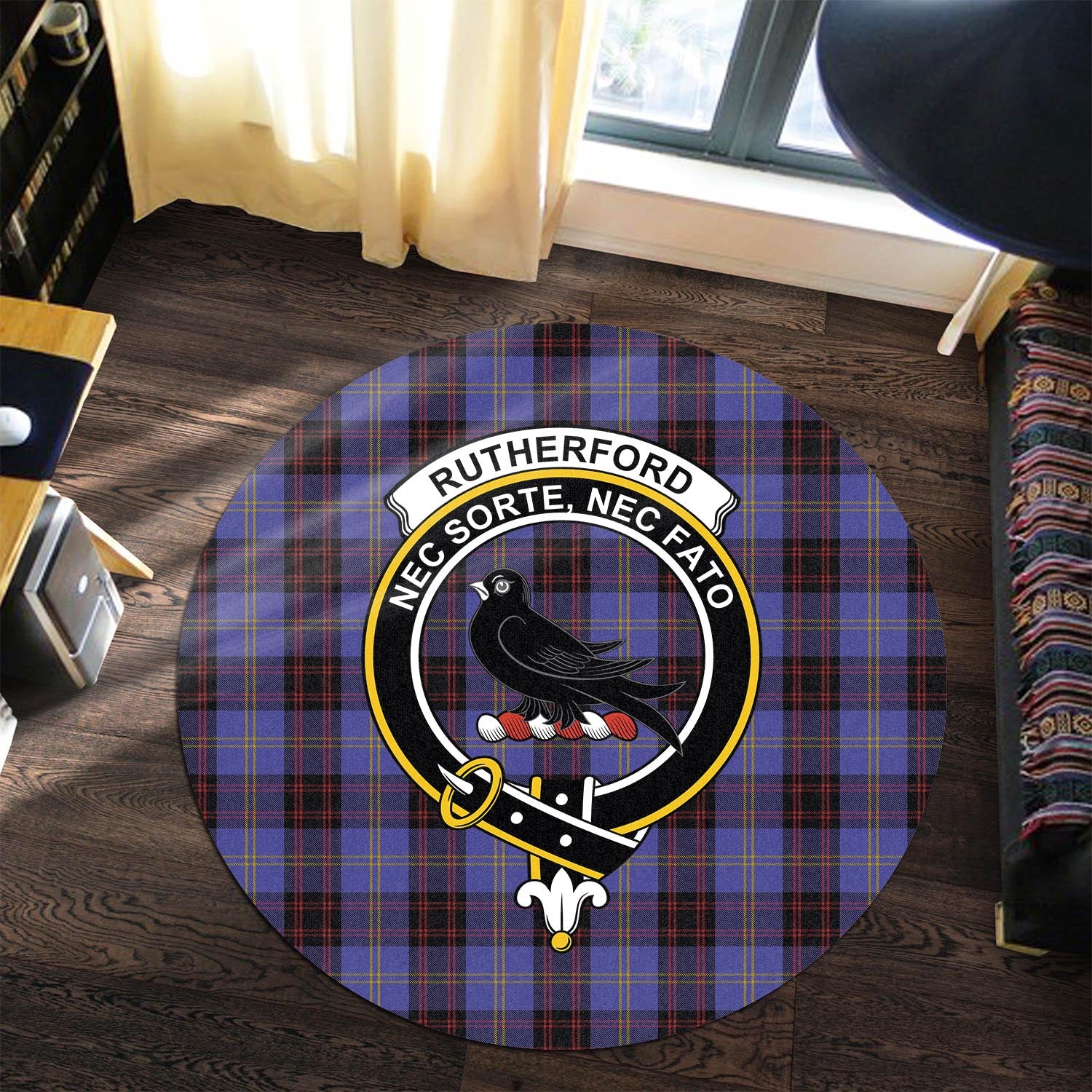 rutherford-tartan-round-rug-with-family-crest