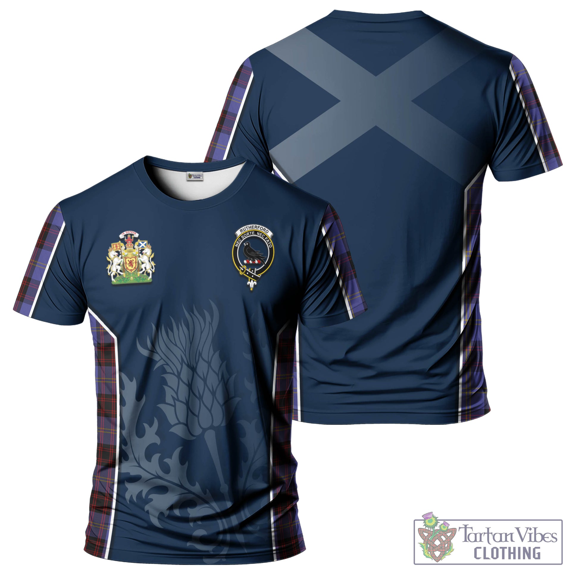 Tartan Vibes Clothing Rutherford Tartan T-Shirt with Family Crest and Scottish Thistle Vibes Sport Style