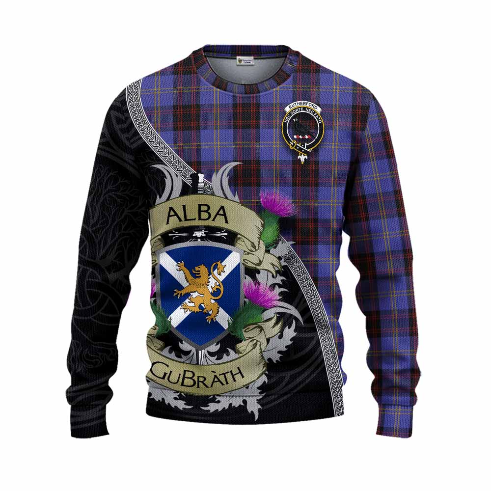 Tartan Vibes Clothing Rutherford Tartan Family Crest Knitted Sweater Lion Rampant Royal Thistle Shield Celtic Inspired