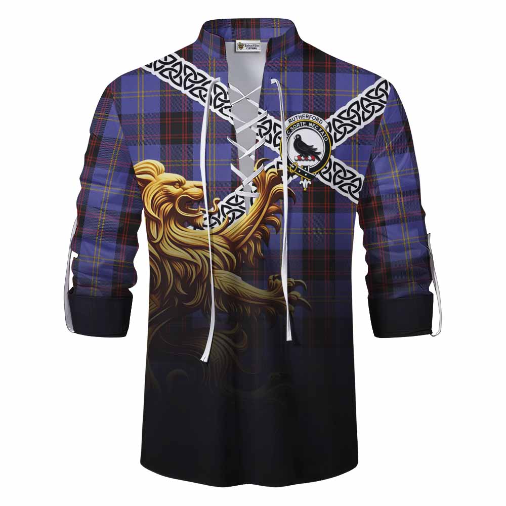 Rutherford Crest Tartan Ghillie Kilt Shirt with Golden Lion Emblem Celtic Style Men - Tartan Vibes Clothing