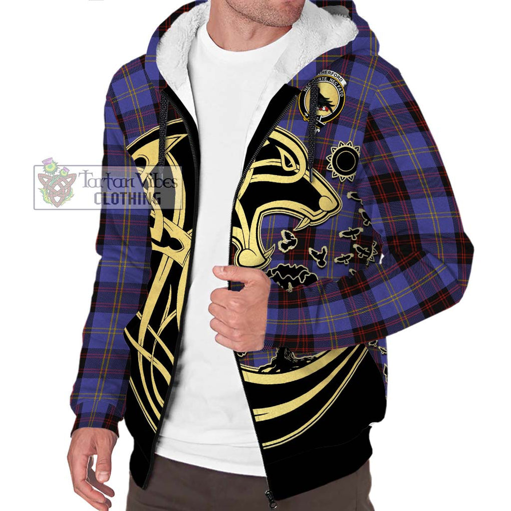 Rutherford Tartan Sherpa Hoodie with Family Crest Celtic Wolf Style Unisex S - Tartan Vibes Clothing