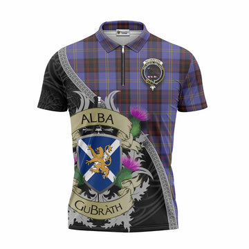 Rutherford Tartan Family Crest Zipper Polo Shirt Lion Rampant Royal Thistle Shield Celtic Inspired