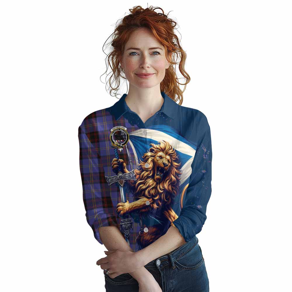 Tartan Vibes Clothing Rutherford Tartan Family Crest Women's Casual Shirt with Scottish Majestic Lion