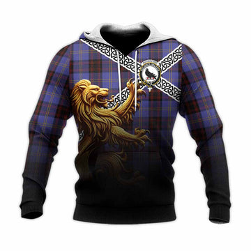 Tartan Vibes Clothing Rutherford Crest Tartan Knitted Hoodie with Golden Lion Emblem Celtic Style