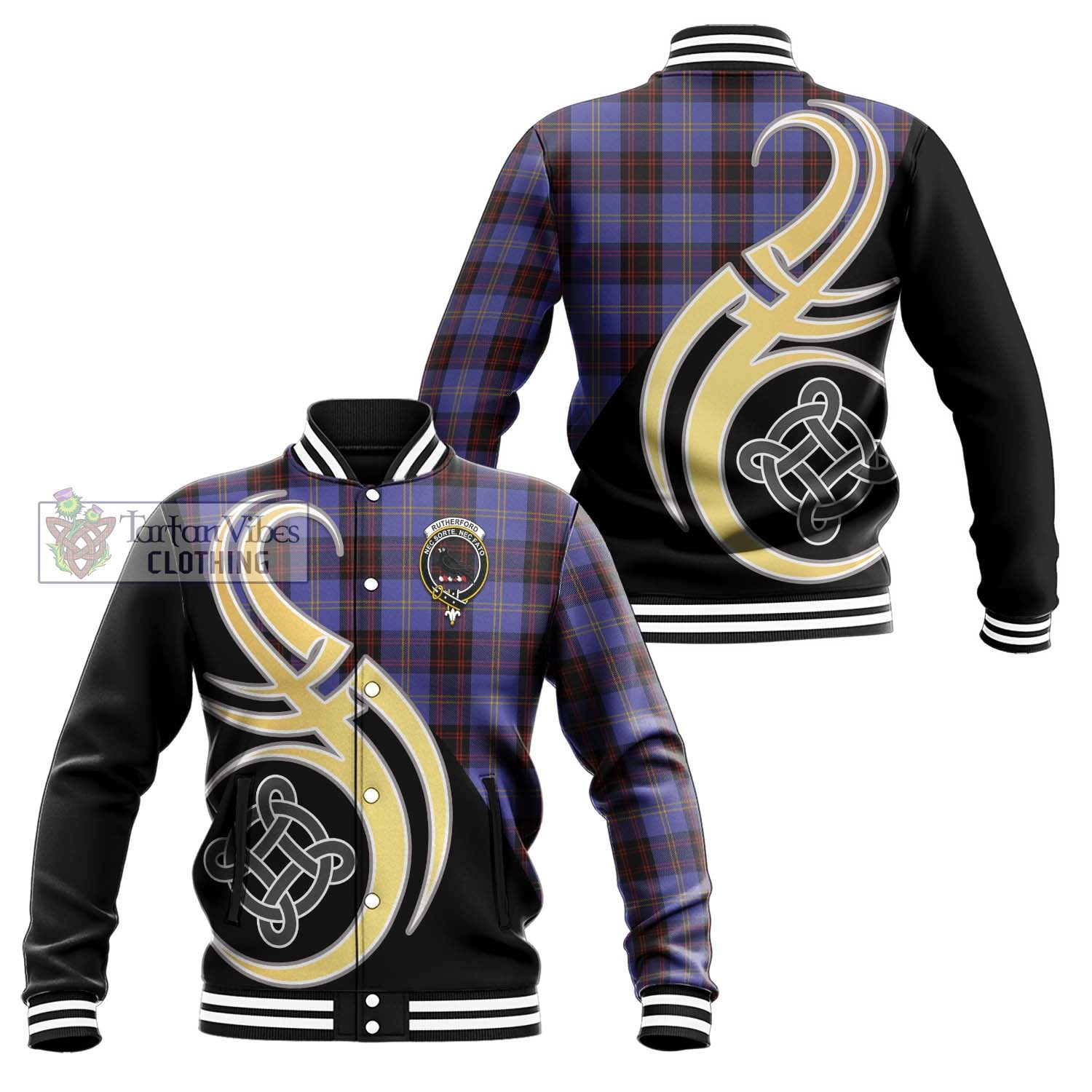 Rutherford Tartan Baseball Jacket with Family Crest and Celtic Symbol Style Unisex - Tartan Vibes Clothing