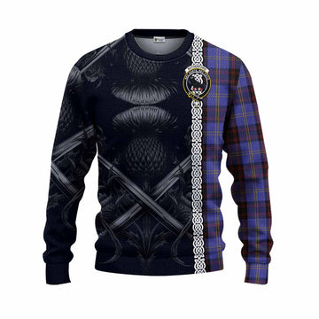 Tartan Vibes Clothing Rutherford Tartan Knitted Sweater with Family Crest Cross Sword Thistle Celtic Vibes