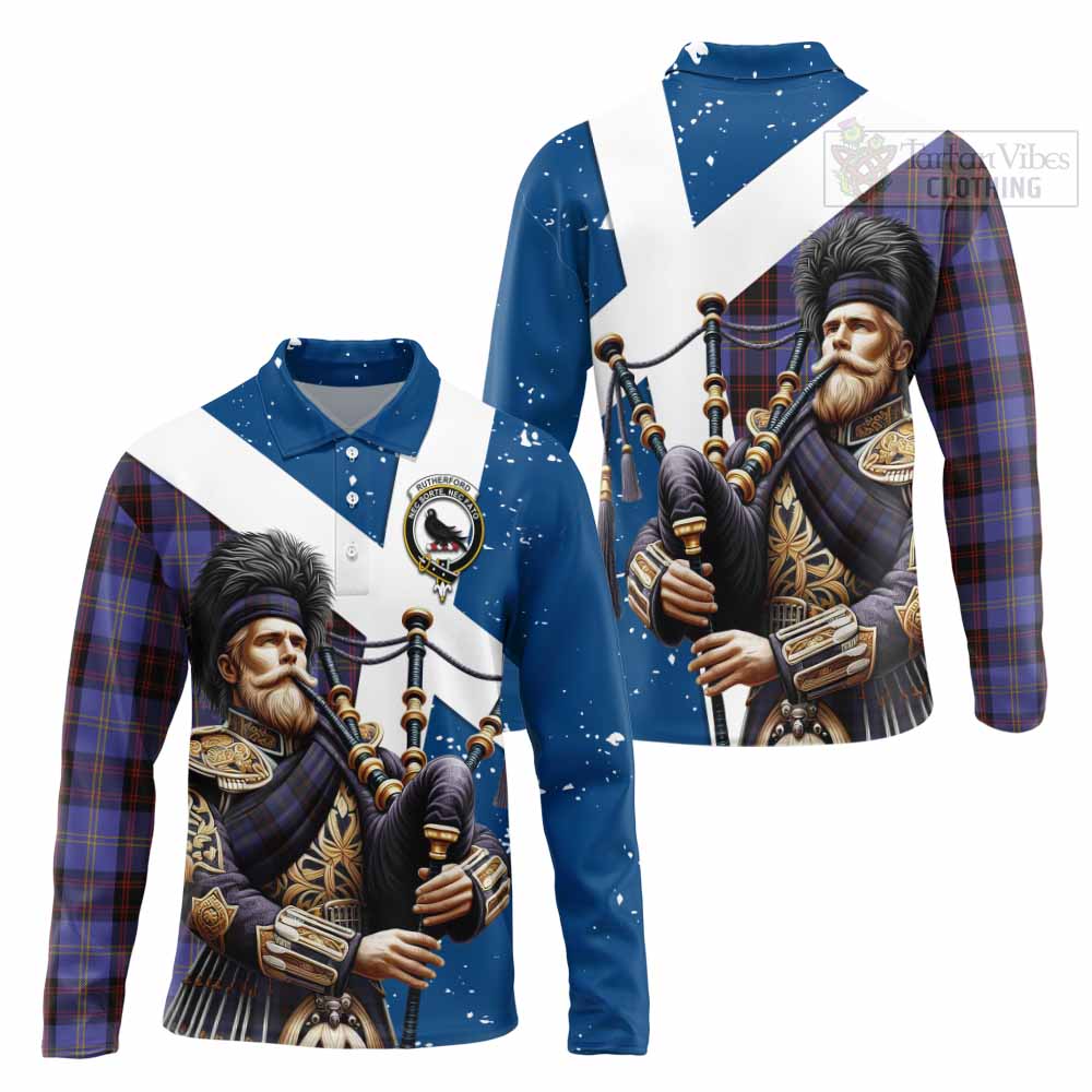 Tartan Vibes Clothing Rutherford Tartan Long Sleeve Polo Shirt with Family Crest Scottish Bagpiper Vibes