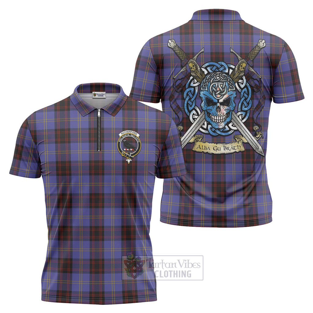 Tartan Vibes Clothing Rutherford Tartan Zipper Polo Shirt with Family Crest Celtic Skull Style
