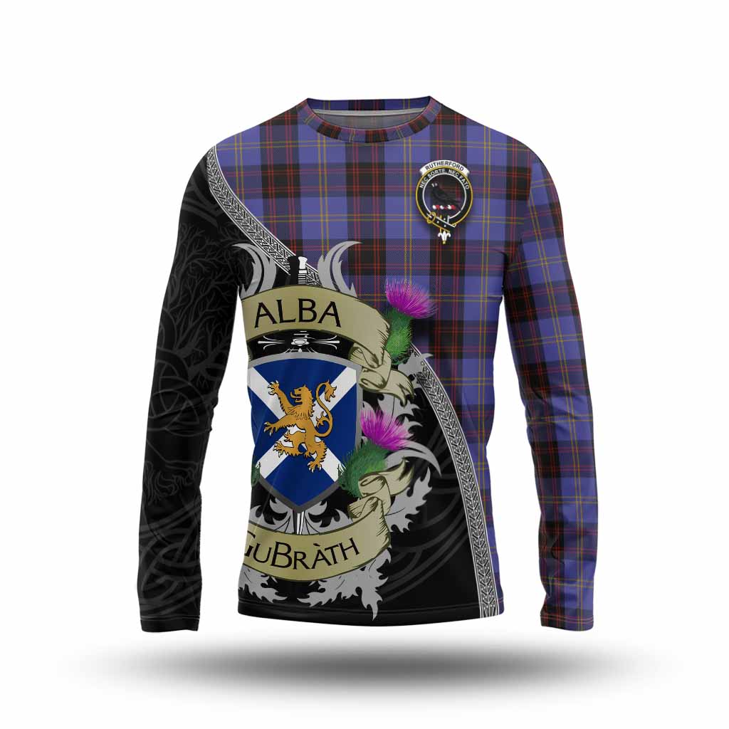 Tartan Vibes Clothing Rutherford Tartan Family Crest Long Sleeve T-Shirt Lion Rampant Royal Thistle Shield Celtic Inspired
