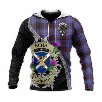 Tartan Vibes Clothing Rutherford Tartan Family Crest Knitted Hoodie Lion Rampant Royal Thistle Shield Celtic Inspired