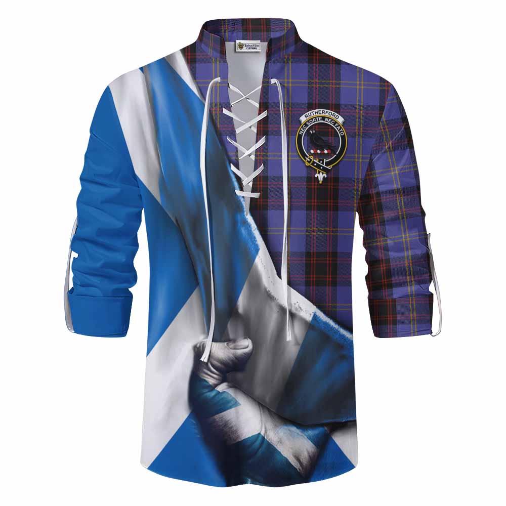 Tartan Vibes Clothing Rutherford Tartan Ghillie Kilt Shirt with Family Crest Scotland Patriotic Style