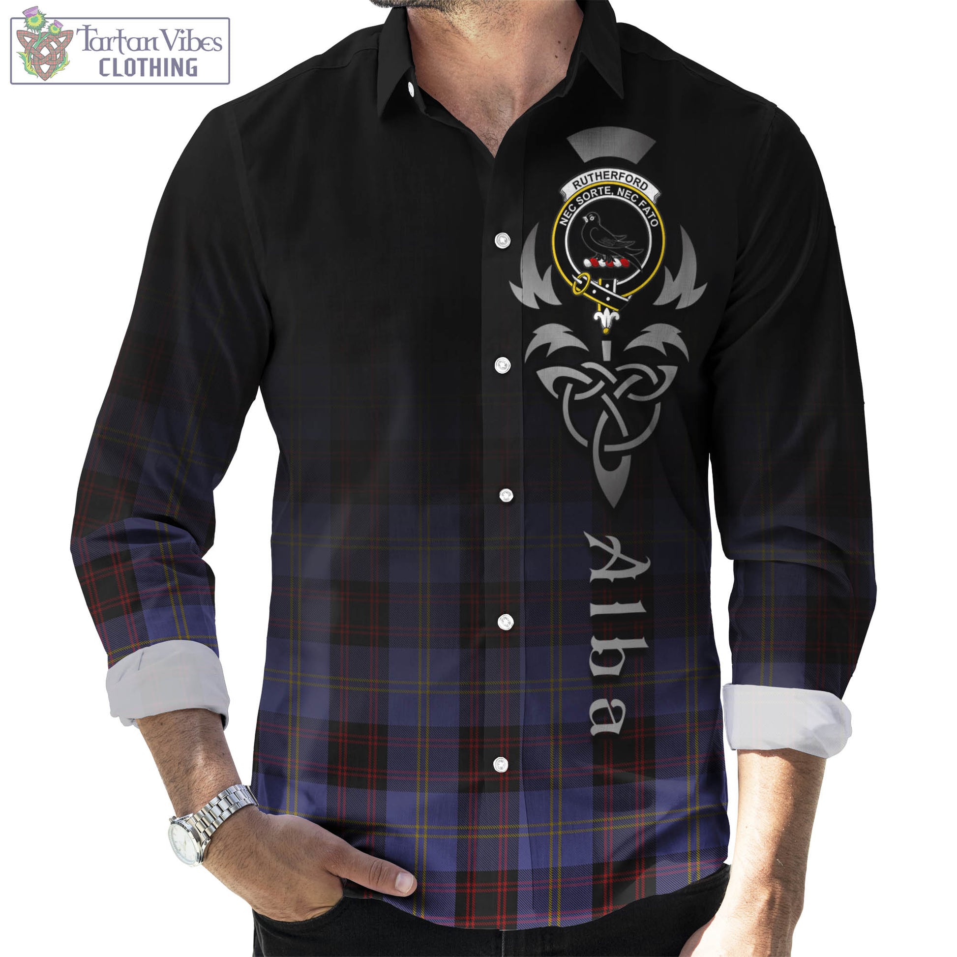 Tartan Vibes Clothing Rutherford Tartan Long Sleeve Button Up Featuring Alba Gu Brath Family Crest Celtic Inspired