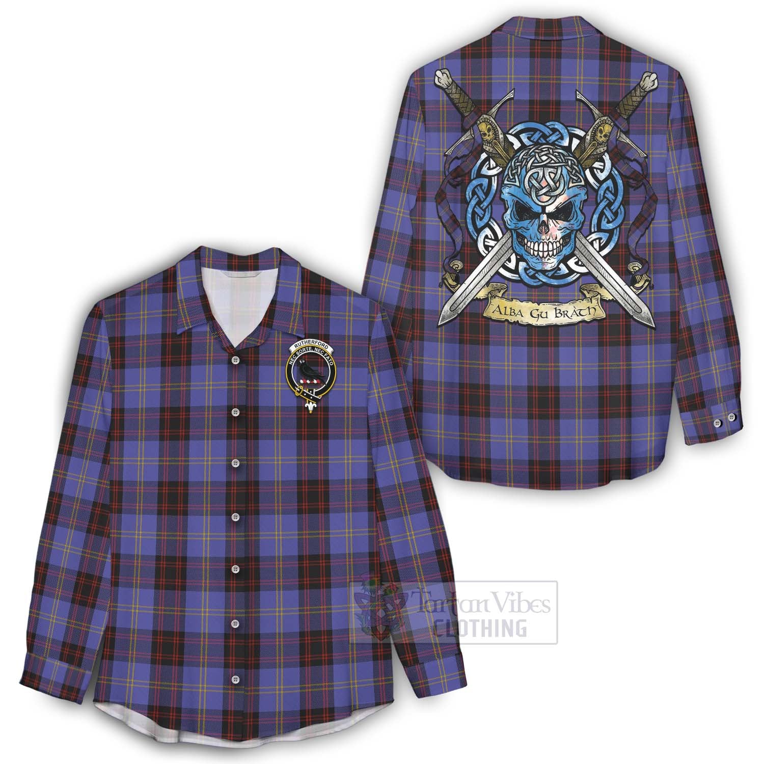 Rutherford Tartan Women's Casual Shirt with Family Crest Celtic Skull Style - Tartan Vibes Clothing