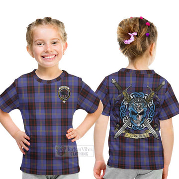Tartan Vibes Clothing Rutherford Tartan Kid T-Shirt with Family Crest Celtic Skull Style
