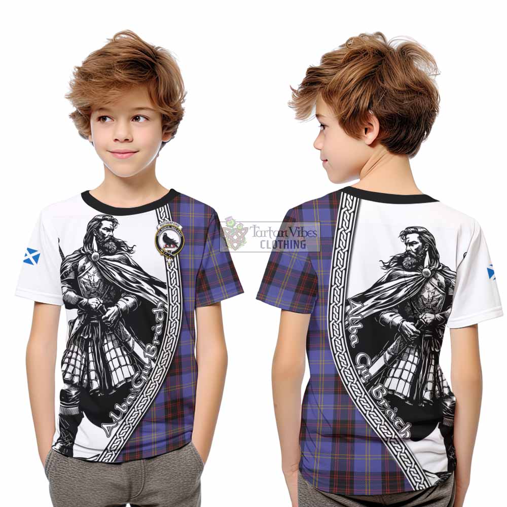 Rutherford Tartan Clan Crest Kid T-Shirt with Highlander Warrior Celtic Style