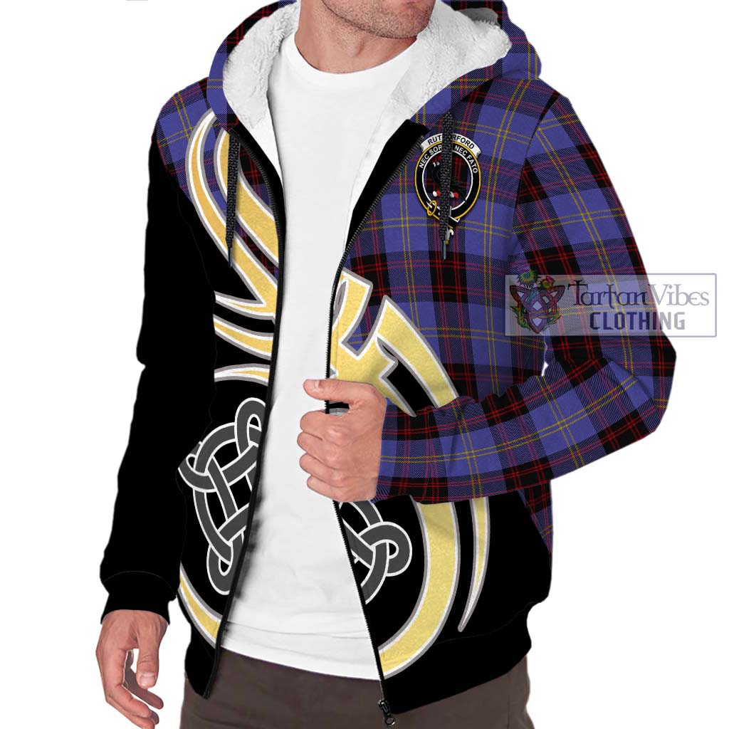 Rutherford Tartan Sherpa Hoodie with Family Crest and Celtic Symbol Style - Tartan Vibes Clothing