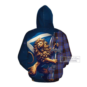 Rutherford Tartan Family Crest Cotton Hoodie with Scottish Majestic Lion