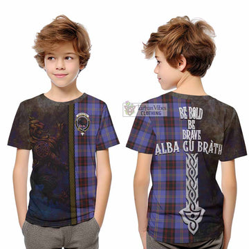 Rutherford Tartan Family Crest Kid T-Shirt Alba Gu Brath Be Brave Lion Ancient Style