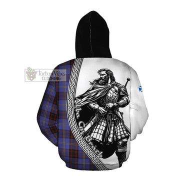 Rutherford Tartan Clan Crest Cotton Hoodie with Highlander Warrior Celtic Style