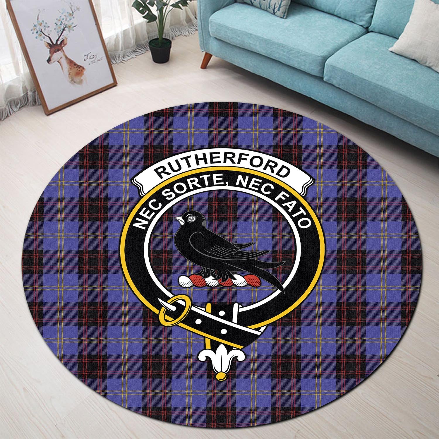 rutherford-tartan-round-rug-with-family-crest