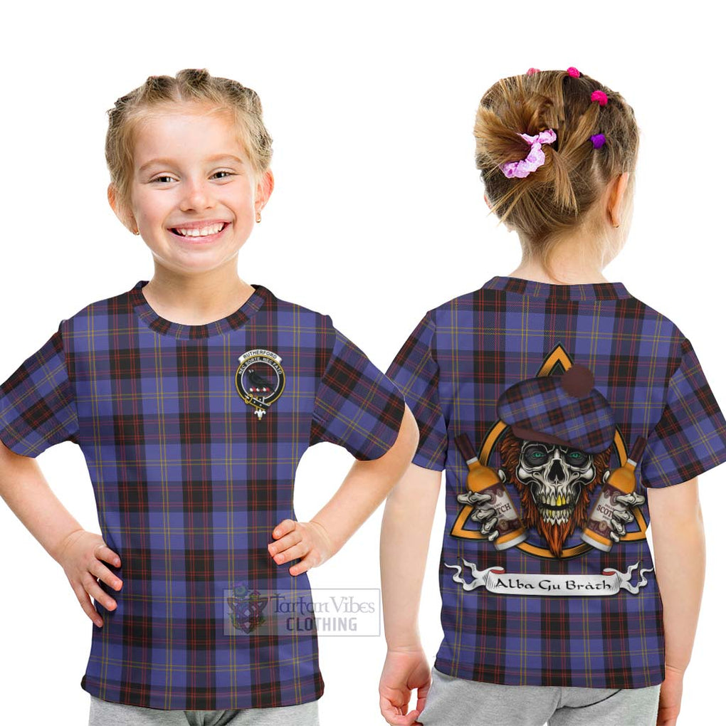 Tartan Vibes Clothing Rutherford Tartan Kid T-Shirt with Family Crest and Bearded Skull Holding Bottles of Whiskey