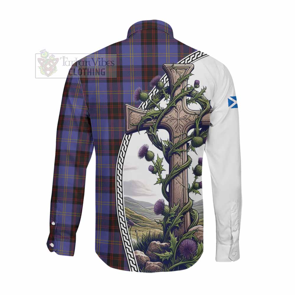 Tartan Vibes Clothing Rutherford Tartan Long Sleeve Button Shirt with Family Crest and St. Andrew's Cross Accented by Thistle Vines